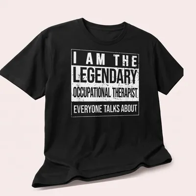 Bold typography t-shirt with text celebrating occupational therapists — printed on a unisex t-shirt (angled view)
