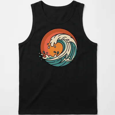 Retro ocean wave graphic in orange, cream, teal, and dark blue — printed on a tank top
