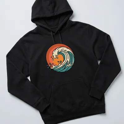 Retro ocean wave graphic in orange, cream, teal, and dark blue — printed on a unisex hoodie