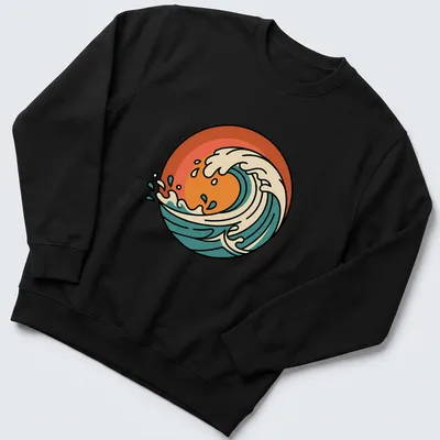Retro ocean wave graphic in orange, cream, teal, and dark blue — printed on a unisex sweatshirt