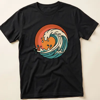 Retro ocean wave graphic in orange, cream, teal, and dark blue