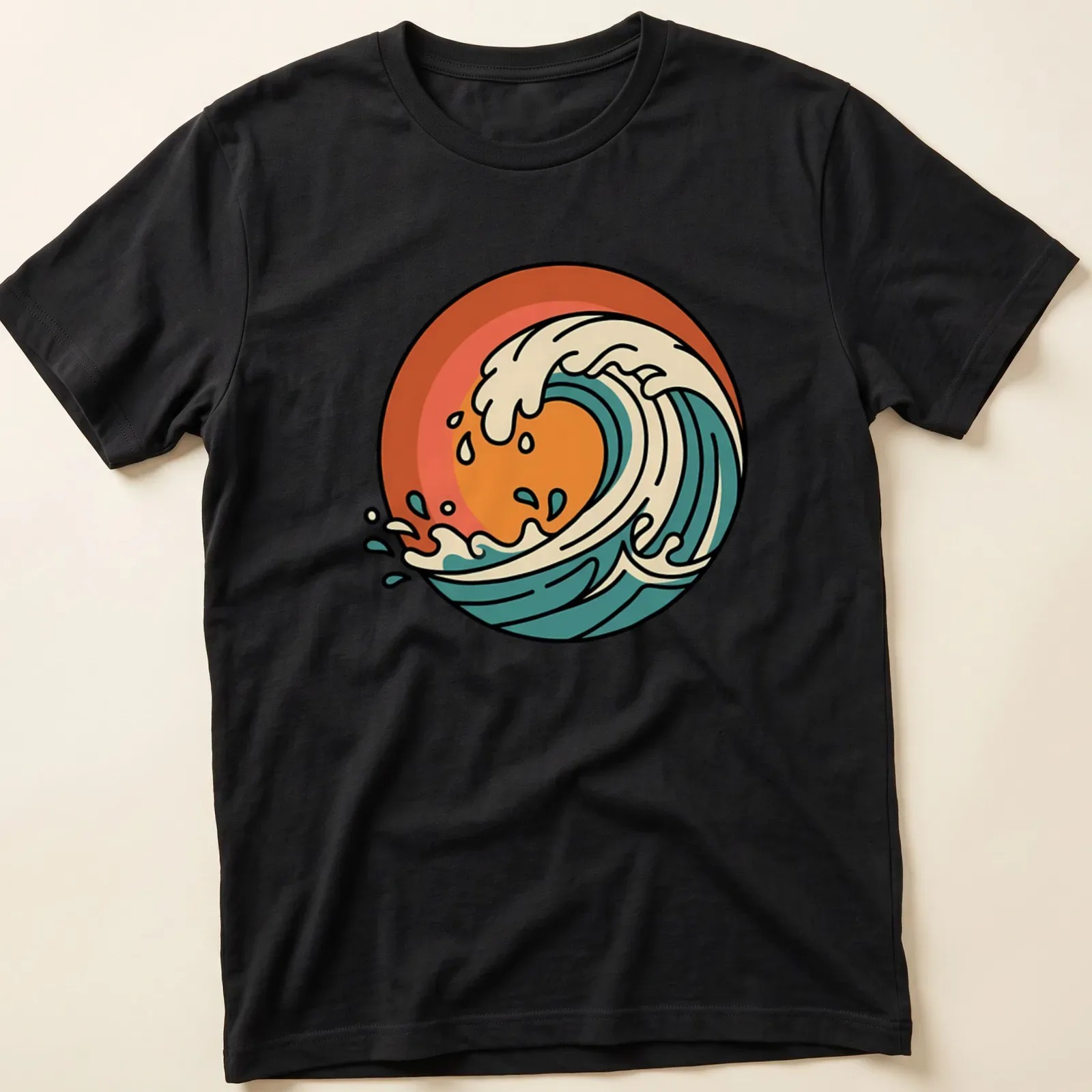 Retro ocean wave graphic in orange, cream, teal, and dark blue — printed on a unisex t-shirt