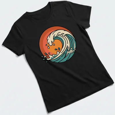 Retro ocean wave graphic in orange, cream, teal, and dark blue — printed on a women's shirt