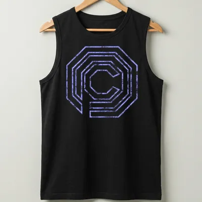 Neon distressed OCP logo t-shirt in purple and white with a retro style — printed on a tank top