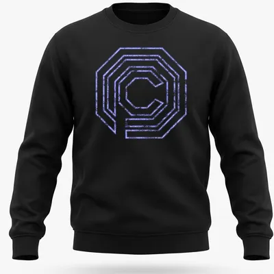 Neon distressed OCP logo t-shirt in purple and white with a retro style — printed on a unisex sweatshirt