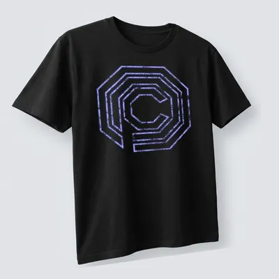 Neon distressed OCP logo t-shirt in purple and white with a retro style — printed on a unisex t-shirt (angled view)
