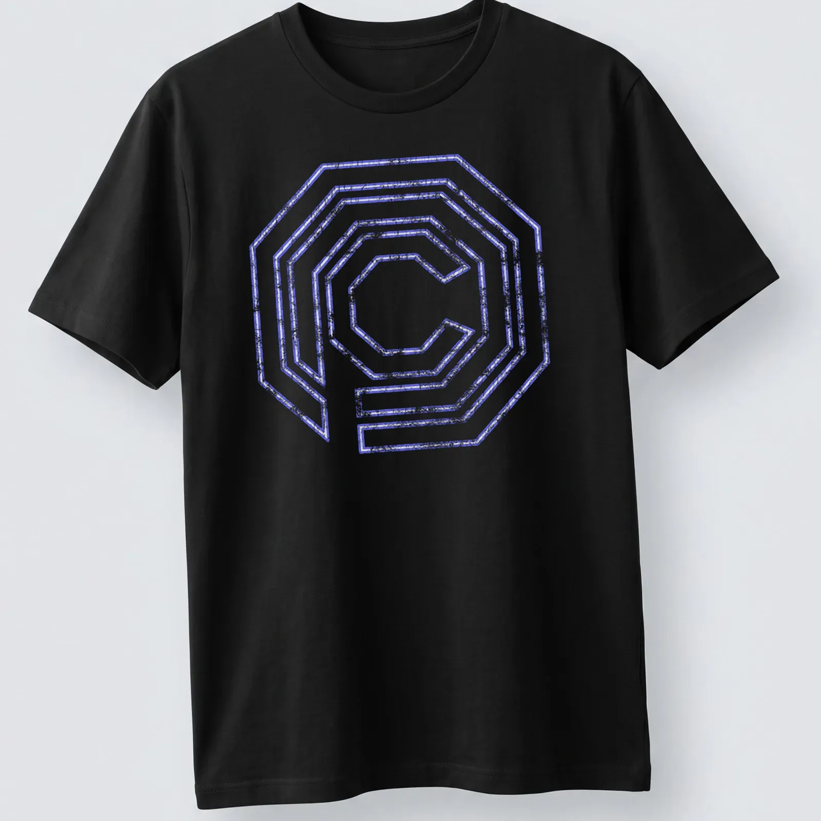 Neon distressed OCP logo t-shirt in purple and white with a retro style — printed on a unisex t-shirt