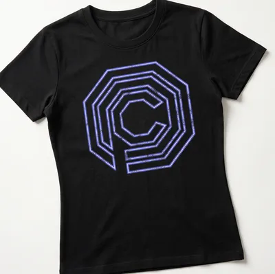 Neon distressed OCP logo t-shirt in purple and white with a retro style — printed on a women's shirt