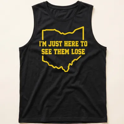 Ohio outline T-shirt with bold text, I'm Just Here To See Them Lose — printed on a tank top