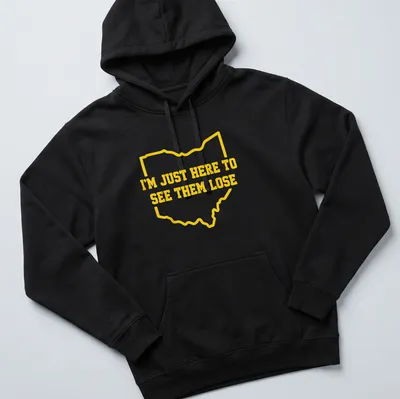 Ohio outline T-shirt with bold text, I'm Just Here To See Them Lose — printed on a unisex hoodie