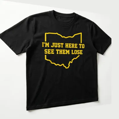 Ohio outline T-shirt with bold text, I'm Just Here To See Them Lose — printed on a unisex t-shirt (angled view)