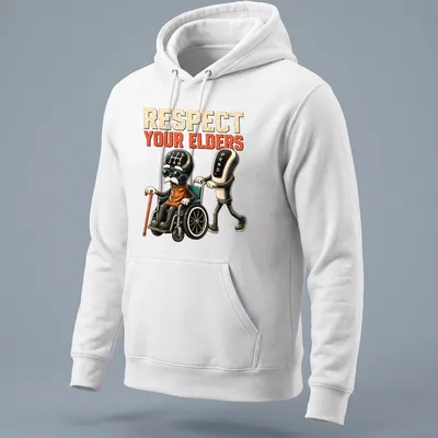 Cartoon of an elderly man in a wheelchair with text saying 'Respect Your Elders' — printed on a unisex hoodie