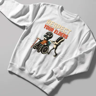 Cartoon of an elderly man in a wheelchair with text saying 'Respect Your Elders' — printed on a unisex sweatshirt