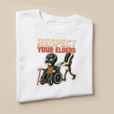 Cartoon of an elderly man in a wheelchair with text saying 'Respect Your Elders' — printed on a unisex t-shirt (angled view)