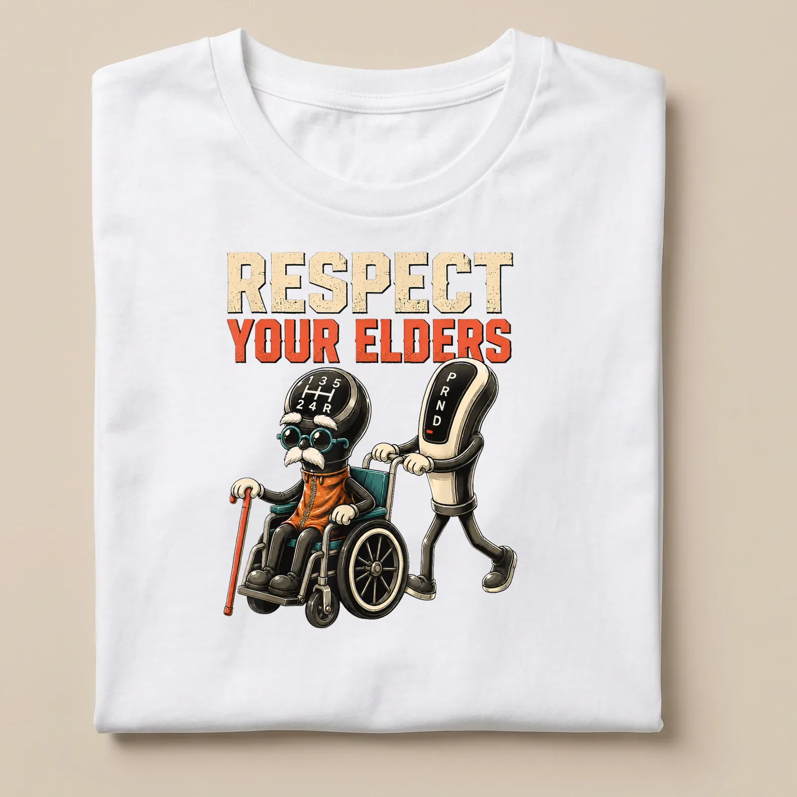 Cartoon of an elderly man in a wheelchair with text saying 'Respect Your Elders' — printed on a unisex t-shirt