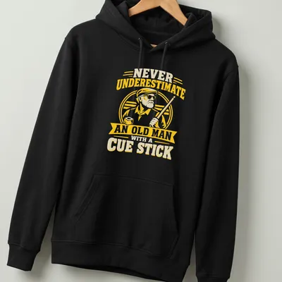 Vintage print of an old man with a cue stick and humorous text — printed on a unisex hoodie