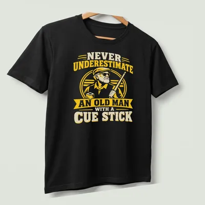 Vintage print of an old man with a cue stick and humorous text — printed on a unisex t-shirt (angled view)