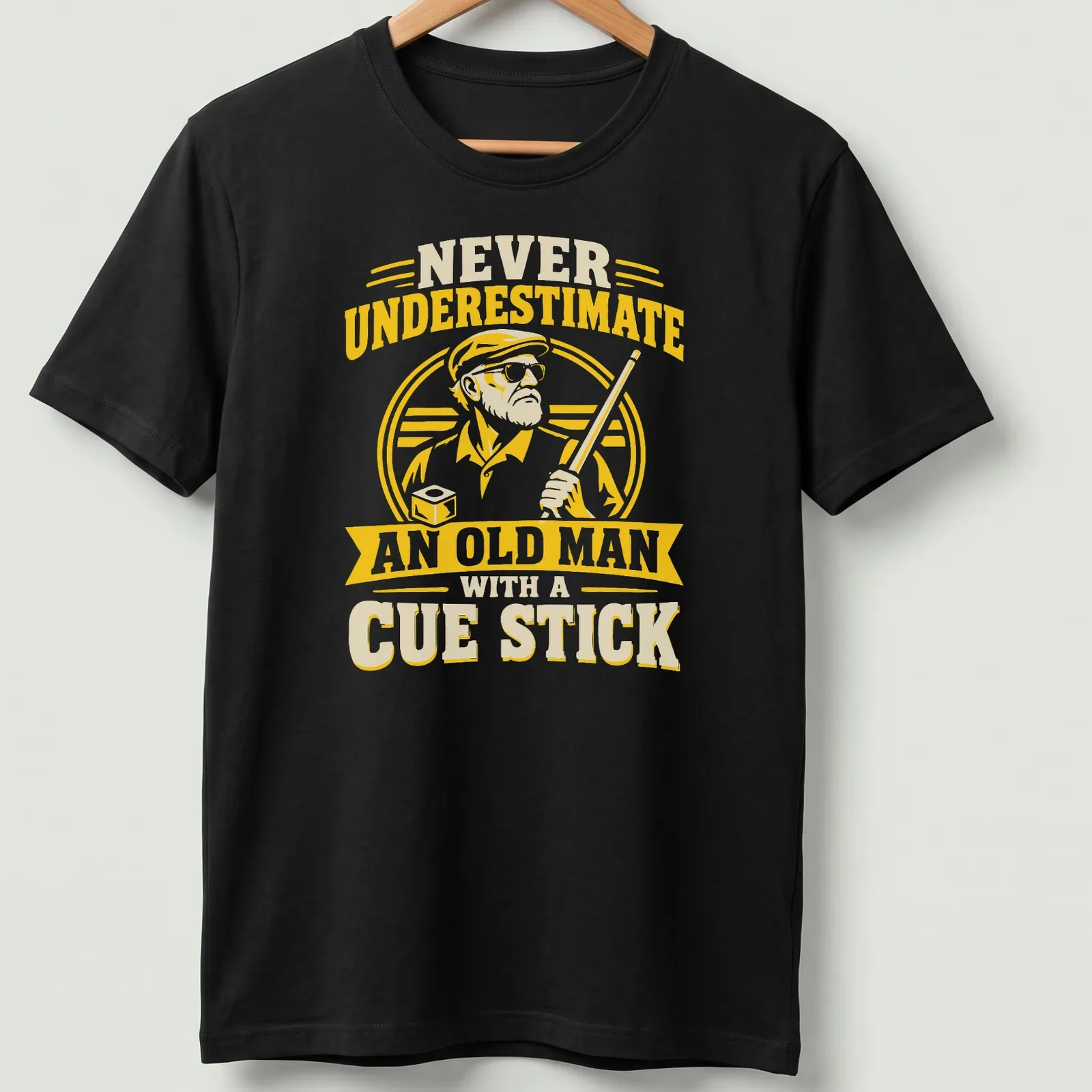 Vintage print of an old man with a cue stick and humorous text — printed on a unisex t-shirt