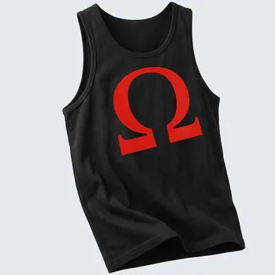 Bold graphic Omega symbol and OHMS text on a red background — printed on a tank top