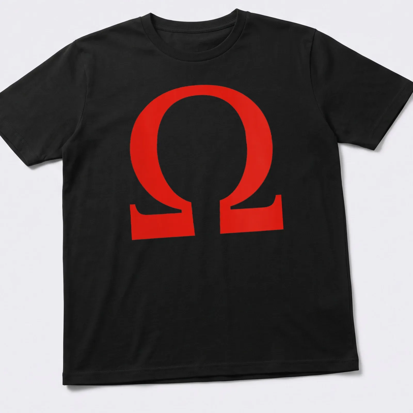 Bold graphic Omega symbol and OHMS text on a red background — printed on a unisex t-shirt