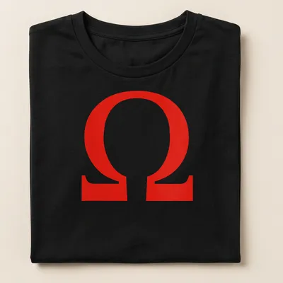 Bold graphic Omega symbol and OHMS text on a red background — printed on a women's shirt