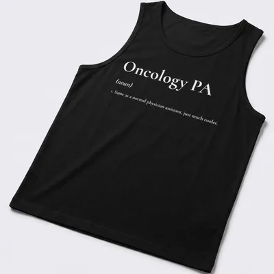 Modern Oncology PA t-shirt featuring blue lettering on a white background — printed on a tank top