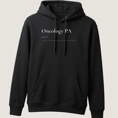 Modern Oncology PA t-shirt featuring blue lettering on a white background — printed on a unisex hoodie