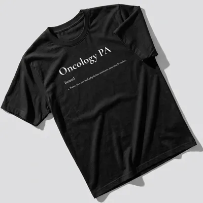 Modern Oncology PA t-shirt featuring blue lettering on a white background