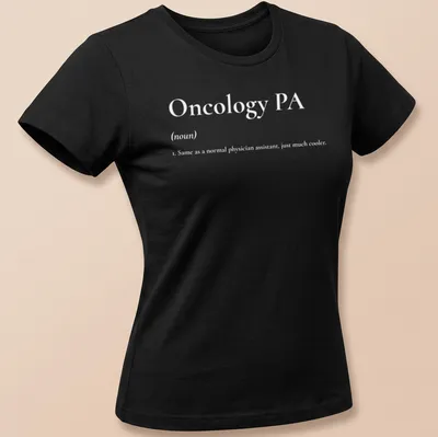 Modern Oncology PA t-shirt featuring blue lettering on a white background — printed on a women's shirt