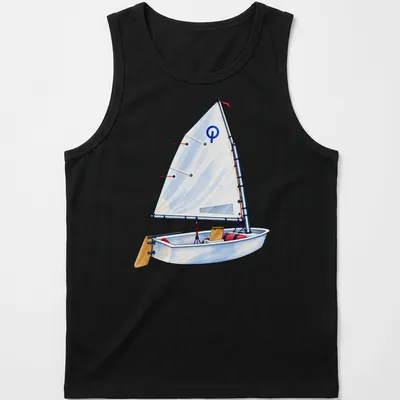 Watercolor illustration of an Optimist sailing dinghy on water — printed on a tank top