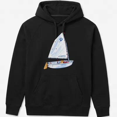 Watercolor illustration of an Optimist sailing dinghy on water — printed on a unisex hoodie