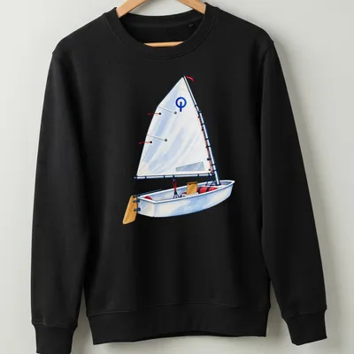 Watercolor illustration of an Optimist sailing dinghy on water — printed on a unisex sweatshirt