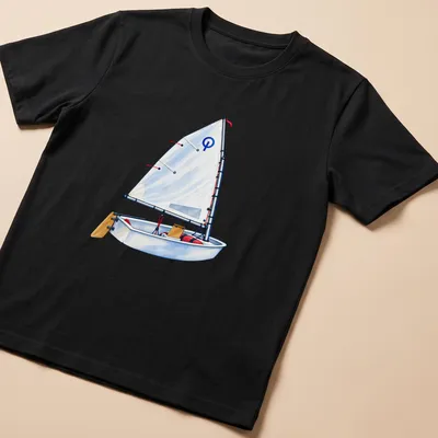 Watercolor illustration of an Optimist sailing dinghy on water