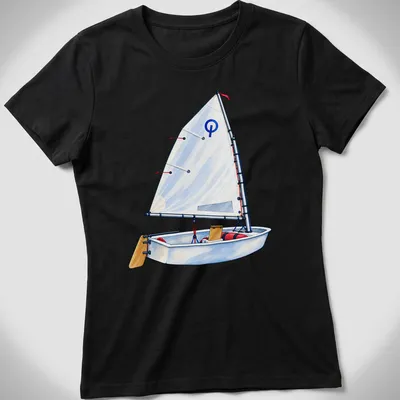Watercolor illustration of an Optimist sailing dinghy on water — printed on a women's shirt