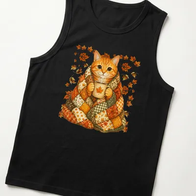 Illustrative t-shirt featuring an orange tabby cat surrounded by colorful maple leaves. — printed on a tank top