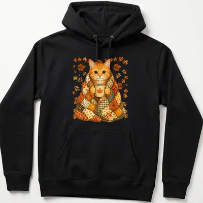 Illustrative t-shirt featuring an orange tabby cat surrounded by colorful maple leaves. — printed on a unisex hoodie