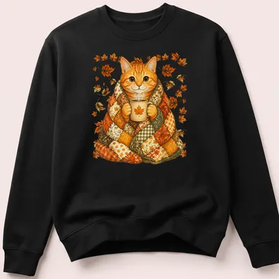 Illustrative t-shirt featuring an orange tabby cat surrounded by colorful maple leaves. — printed on a unisex sweatshirt