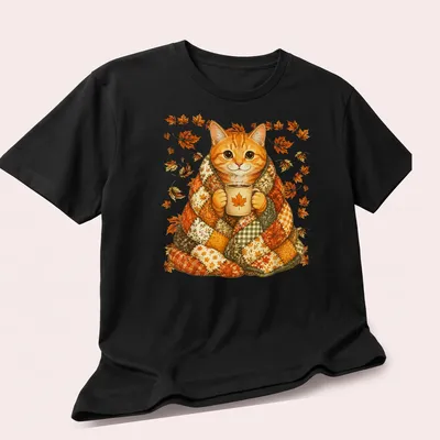 Illustrative t-shirt featuring an orange tabby cat surrounded by colorful maple leaves. — printed on a unisex t-shirt (angled view)