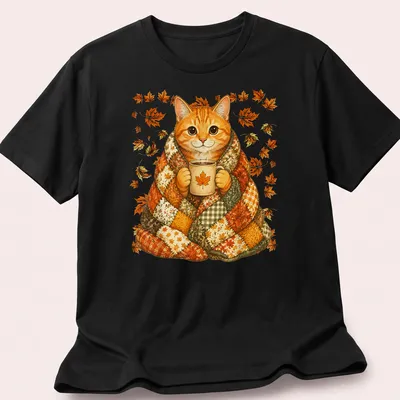 Illustrative t-shirt featuring an orange tabby cat surrounded by colorful maple leaves.