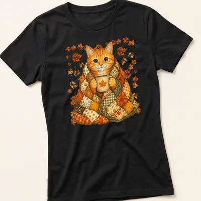 Illustrative t-shirt featuring an orange tabby cat surrounded by colorful maple leaves. — printed on a women's shirt