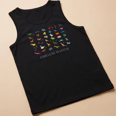 Colorful geometric print featuring origami animals and the text 'Origami Master' — printed on a tank top