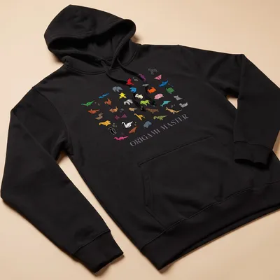 Colorful geometric print featuring origami animals and the text 'Origami Master' — printed on a unisex hoodie