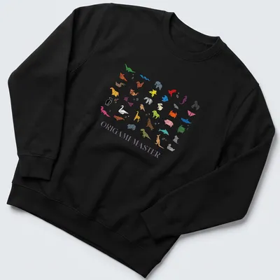 Colorful geometric print featuring origami animals and the text 'Origami Master' — printed on a unisex sweatshirt