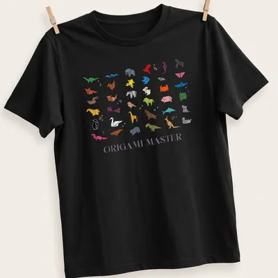 Colorful geometric print featuring origami animals and the text 'Origami Master'