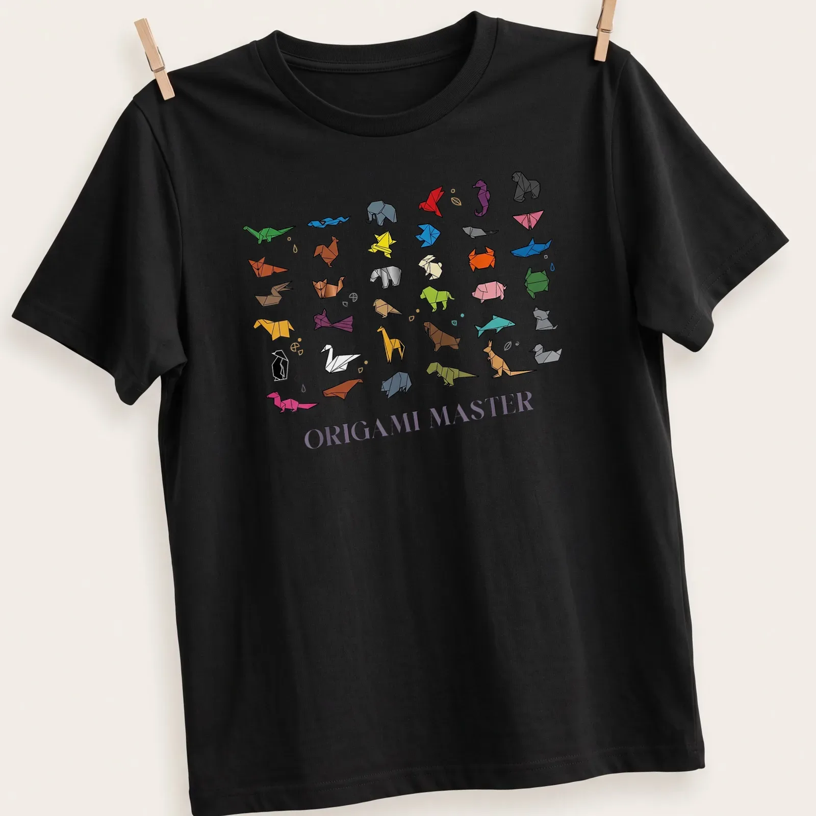 Colorful geometric print featuring origami animals and the text 'Origami Master' — printed on a unisex t-shirt