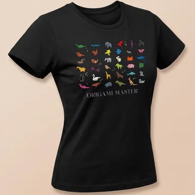 Colorful geometric print featuring origami animals and the text 'Origami Master' — printed on a women's shirt