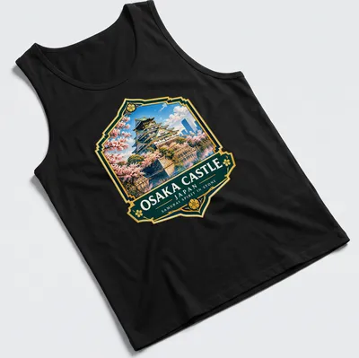 Vintage emblem print featuring Osaka Castle and samurai spirit text in vibrant colors — printed on a tank top