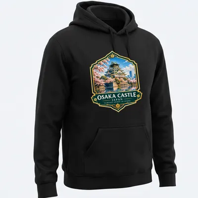 Vintage emblem print featuring Osaka Castle and samurai spirit text in vibrant colors — printed on a unisex hoodie