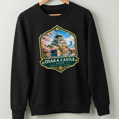 Vintage emblem print featuring Osaka Castle and samurai spirit text in vibrant colors — printed on a unisex sweatshirt