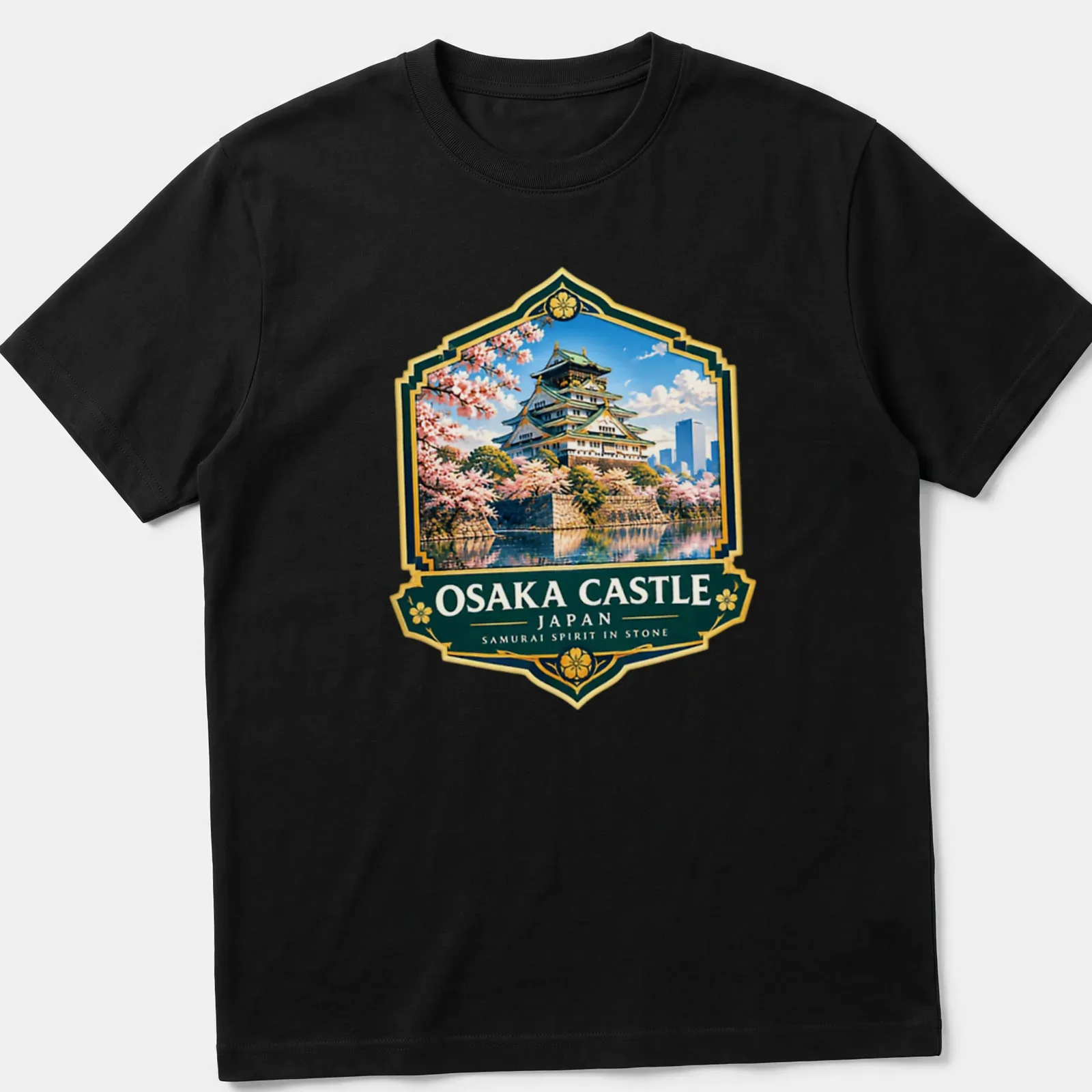 Vintage emblem print featuring Osaka Castle and samurai spirit text in vibrant colors — printed on a unisex t-shirt